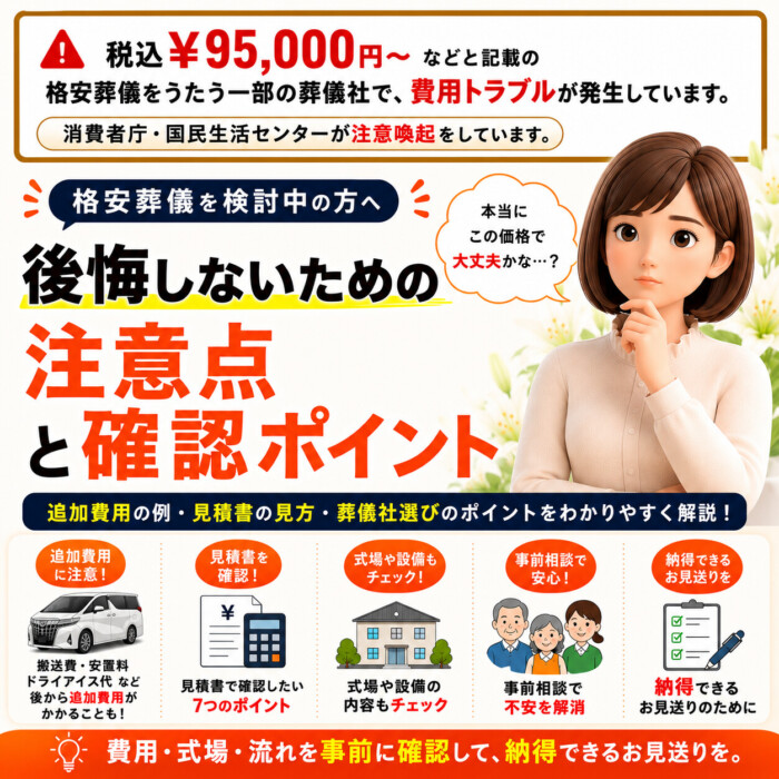 格安葬儀で後悔しないために｜奈良県中南和・橋本市周辺の家族葬の注意点と見積り｜追加費用と事前相談・会館見学も丁寧にご案内