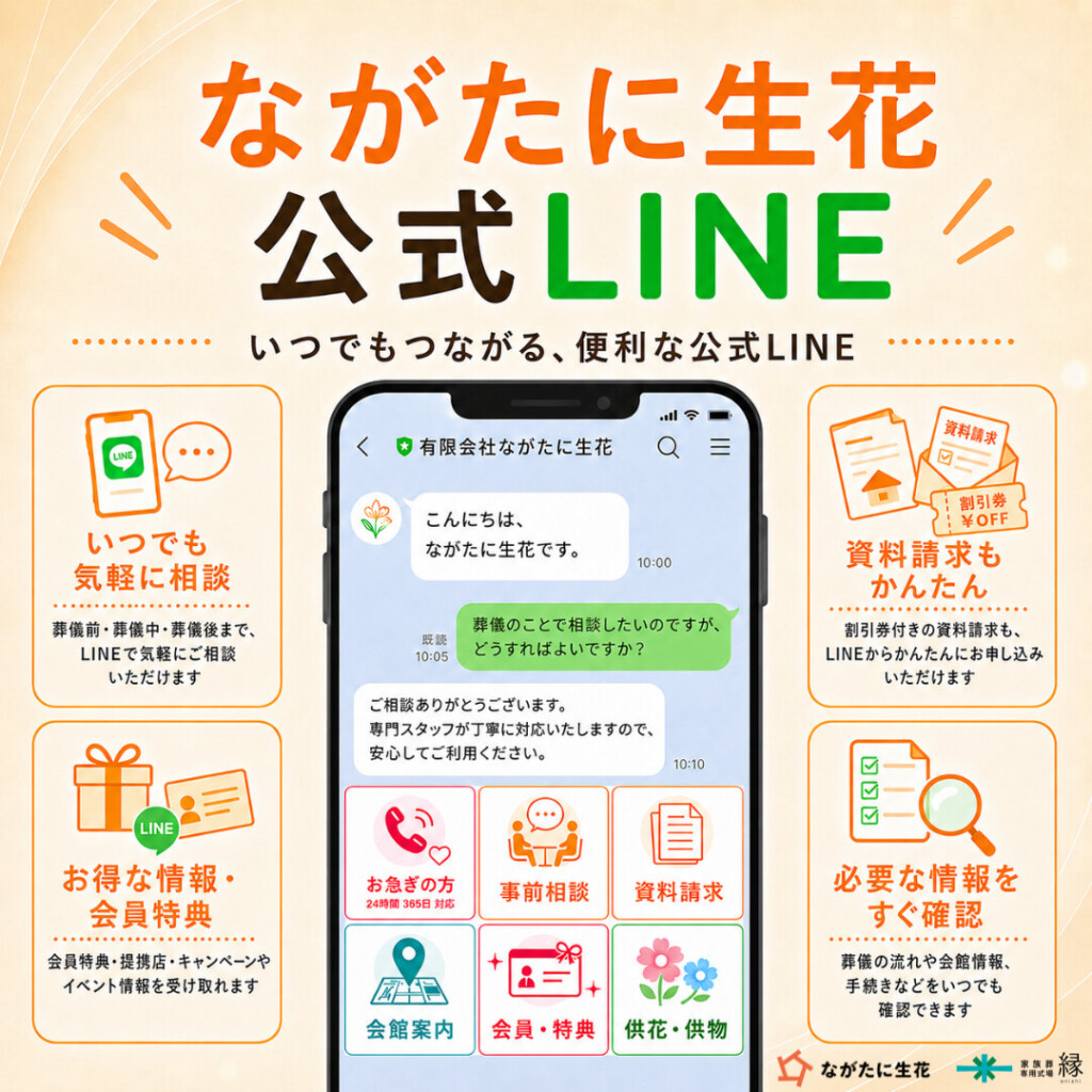ながたに生花の公式LINEを紹介するアイキャッチ画像。LINEでの相談、資料請求、会員特典、必要な情報の確認ができることを案内しています。