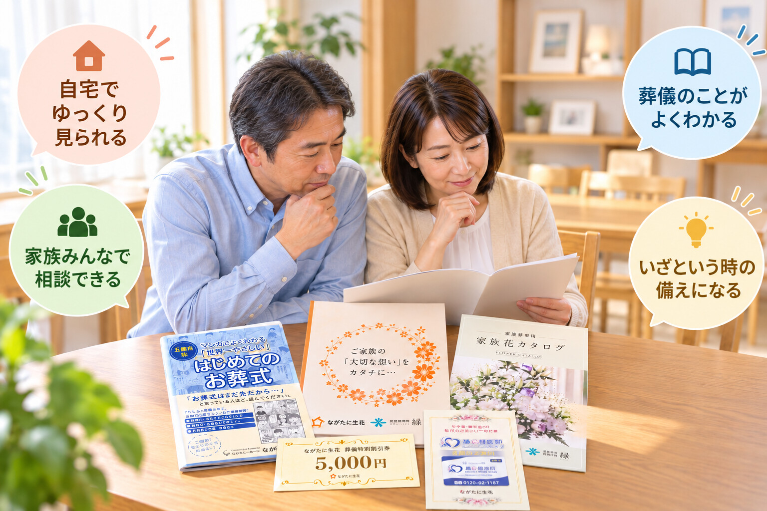 自宅でご家族が葬儀・家族葬の資料を見ながら相談している様子